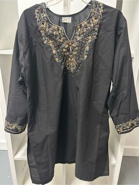 Indian Kurtis Sequin and embroidered neckline with pants, dupatta black and gold